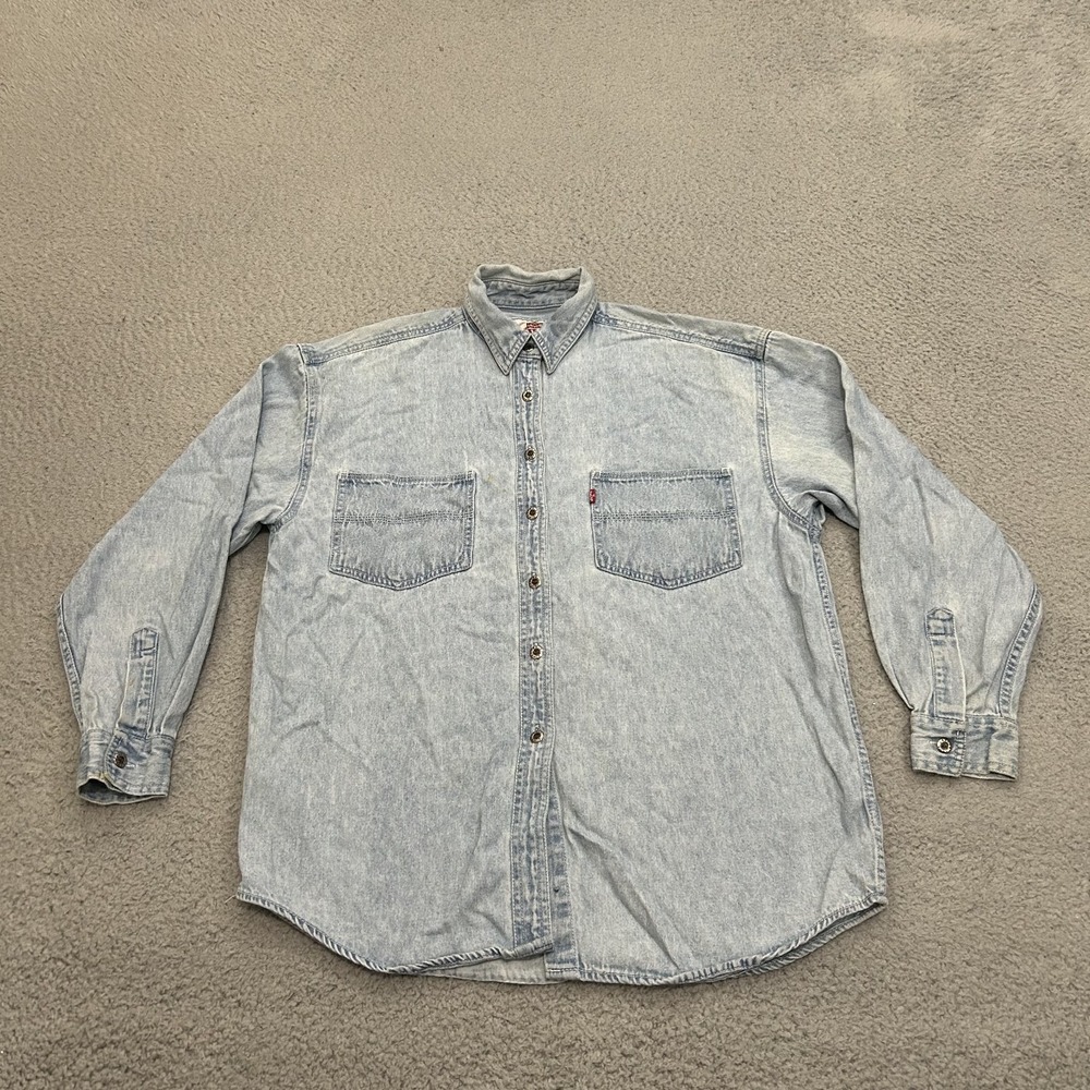 Vintage Levis Shirt Womens Medium Blue Denim Light Wash Western Red Tab 90s